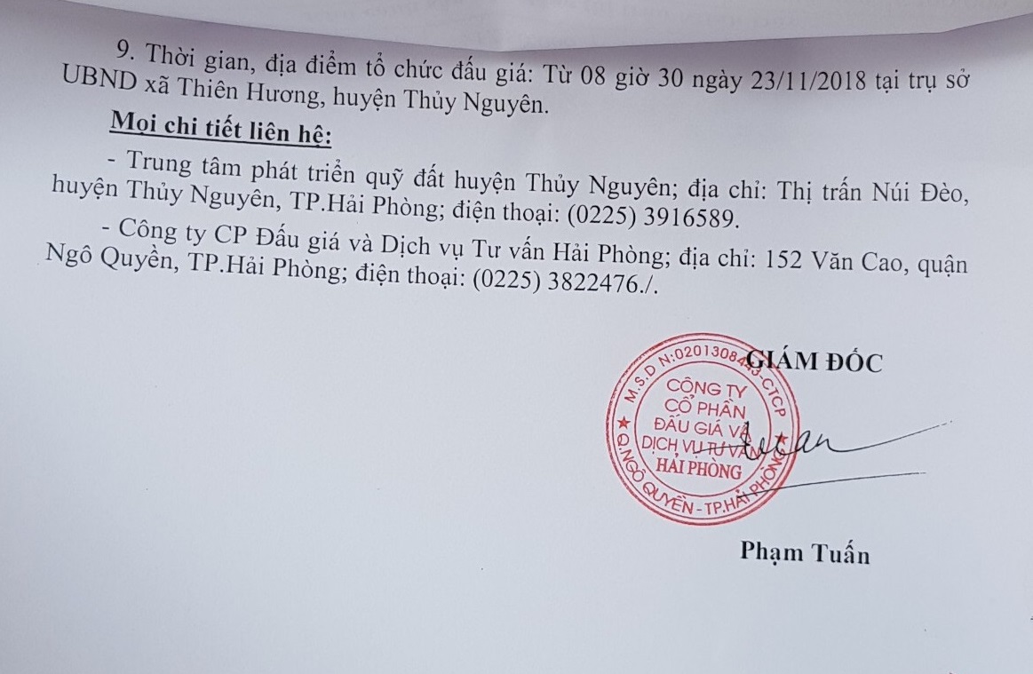 Đấu giá Thiên Hương, Quảng Thanh..... tháng 11/2018
