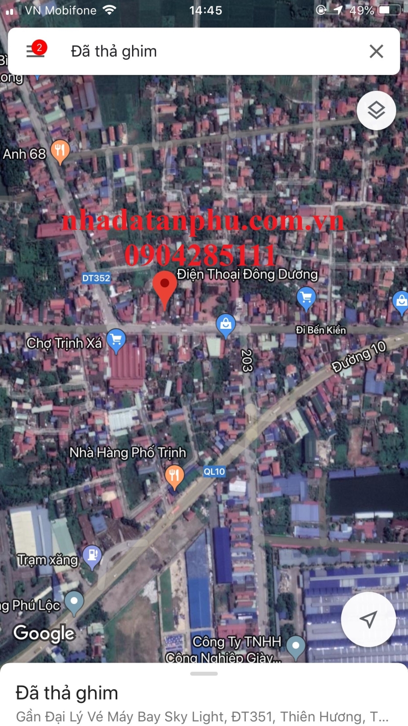 Bán lô đất mặt đường 352 chợ Trịnh Thiên Hương 185m2