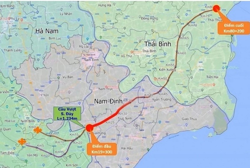 Sơ đồ hướng tuyến dự án cao tốc Ninh Bình - Hải Phòng đoạn qua tỉnh Ninh Bình.