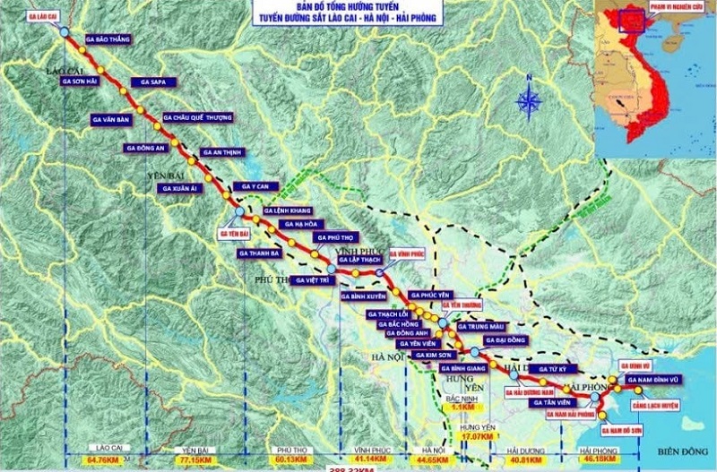 Sơ đồ hướng tuyến đường sắt Lào Cai - Hà Nội - Hải Phòng