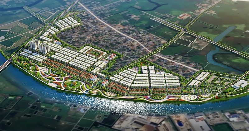 Phối cảnh tổng thể dự án khu đô thị mới xã An Trường với kiến trúc hiện đại và mật độ cây xanh lớn.