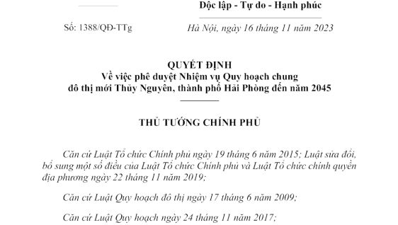 Quyết định số 1388/QĐ-TTg ngày 16/11/2023 phê duyệt Nhiệm vụ Quy hoạch chung đô thị mới Thủy Nguyên, thành phố Hải Phòng đến năm 2045
