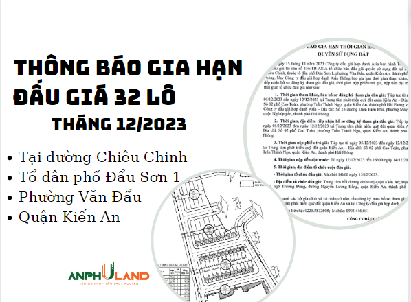 Thông báo gia hạn đấu giá 32 lô đất tại đường Chiêu Chinh, TDP Đẩu Sơn 1, Phường Văn Đẩu, quận Kiến An, Hải Phòng tháng 12 năm 2023