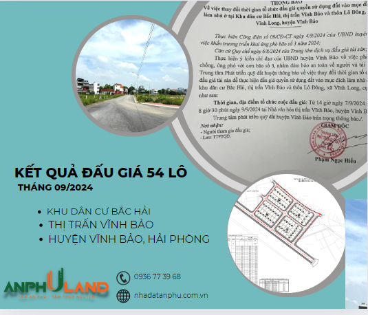 Kết quả trúng đấu giá 54 lô đất tại khu dân cư Bắc Hải, thị trấn Vĩnh Bảo, Hải Phòng tháng 9 năm 2024