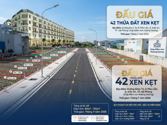 Thông báo đấu giá 42 thửa đất xen kẹt tại đường Khúc Trì, giáp mầm non Hướng Dương, phường Phù Liễn, TP Hải Phòng tháng 7 năm 2026