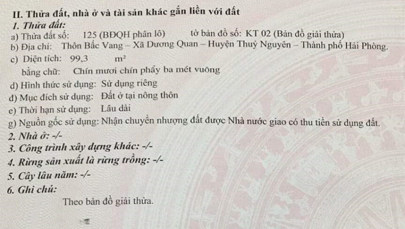 Cần bán lô đất tại xã Dương Quan, Thuỷ Nguyên, Hải Phòng