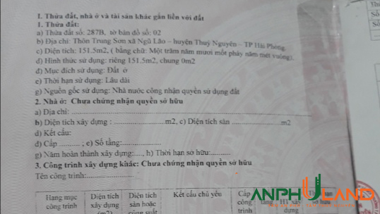 Cần bán lô đất mặt đường liên xã tại Ngũ Lão,Thủy Nguyên, Hải Phòng