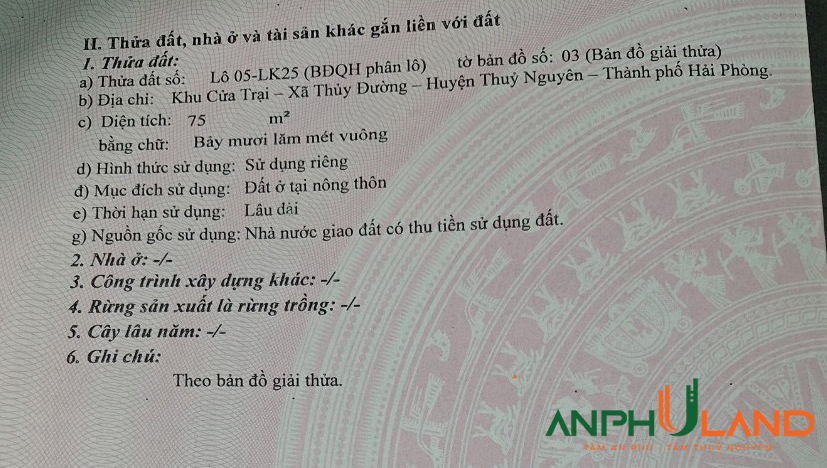 Chính chủ gửi bán hai lô đất mặt đường 21m, Cửa Trại, Thuỷ Đường, Thuỷ Nguyên, Hải Phòng