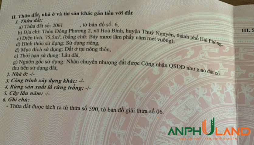 Bán lô đất tại thôn Đông Phương , Xã Hoà Bình,  Thuỷ Nguyên, hải Phòng  