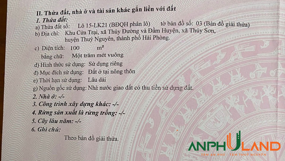 Cần bán lô đất mặt đường 21 m tại Cửa Trại, Thuỷ Đường, Thuỷ Nguyên, Hải Phòng