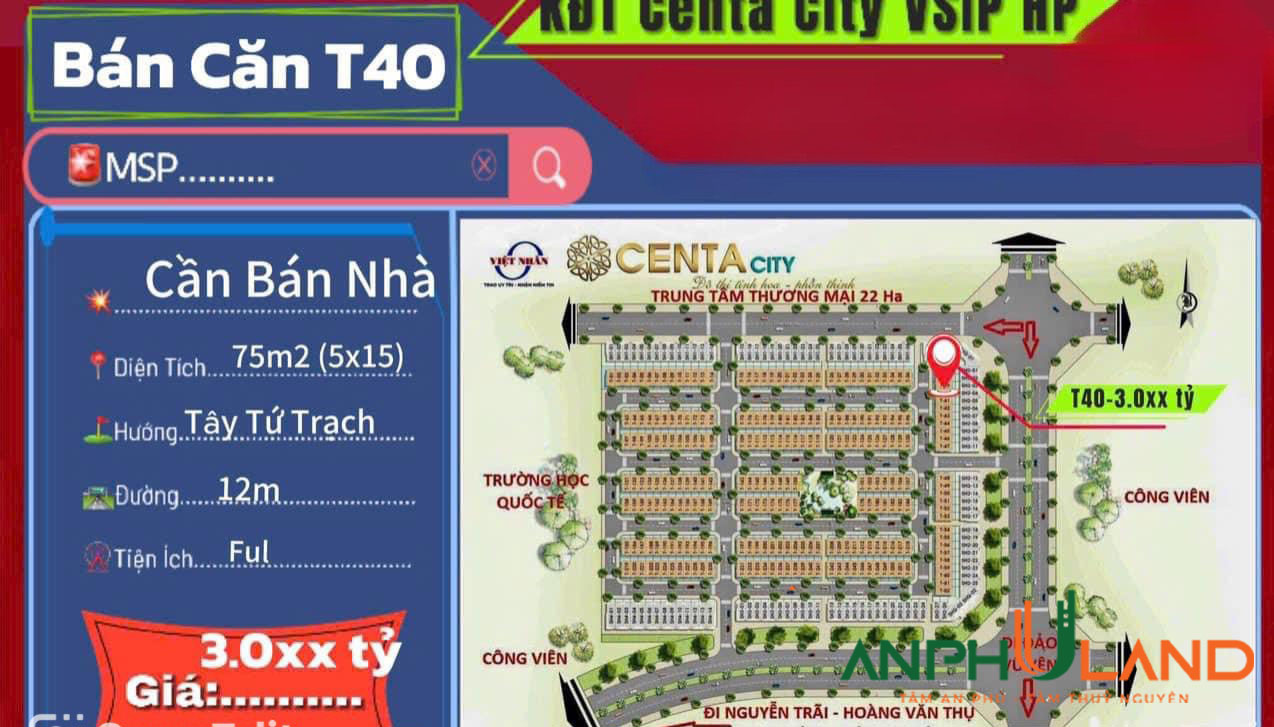 Bán căn nhà 3 tầng trong khu đô Thị CenTa City, Vsip Thuỷ Nguyên, Hải Phòng