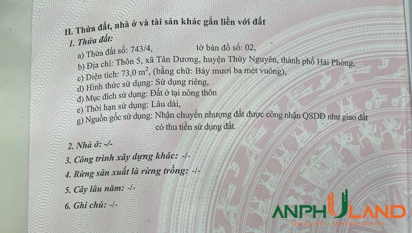 Chuyển nhượng lô đất đẹp tại Thôn 5, Tân Dương, Thuỷ Nguyên, Hải Phòng