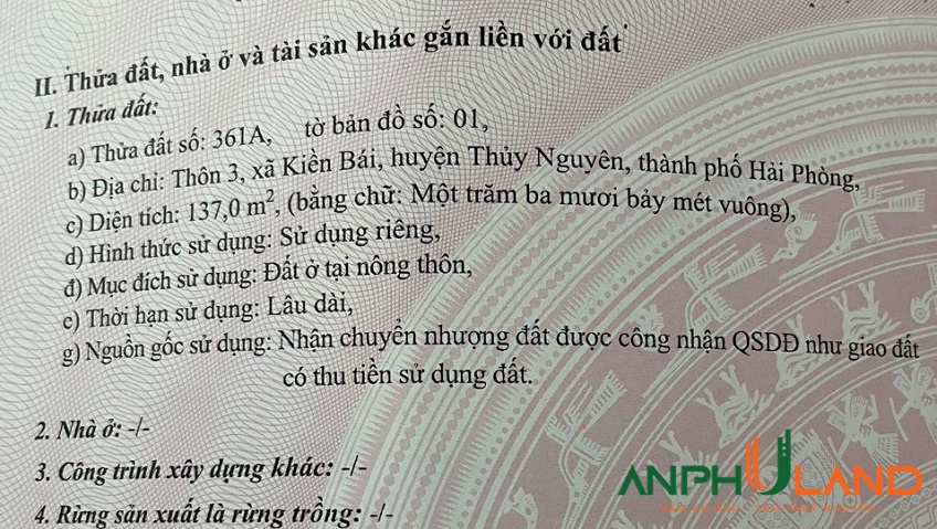 Cần bán lô đất 137 m2 tại thôn 3, Kiền Bái, Thuỷ Nguyên, Hải Phòng