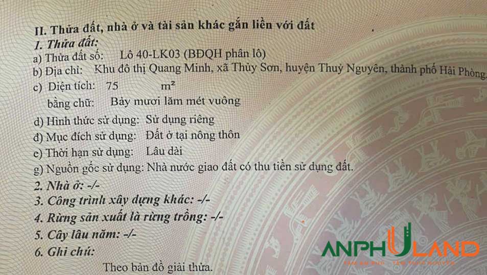 Chuyển nhượng lô đất tiềm năng tại khu đô thị Quang Minh, Thuỷ Sơn, Thuỷ Nguyên, Hải Phòng