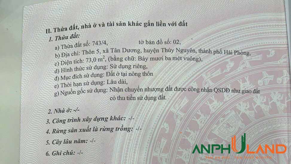 Cần bán lô đất đẹp tại thôn 5, Tân Dương, Thủy Nguyên, Hải Phòng