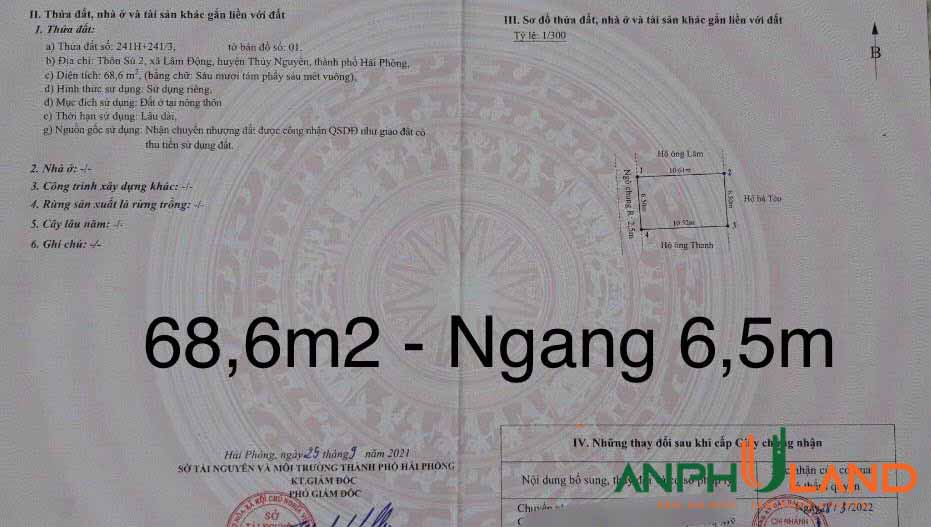 Cần bán ngay lô đất tại Thôn Sú 2, xã Lâm Động, Hải Phòng