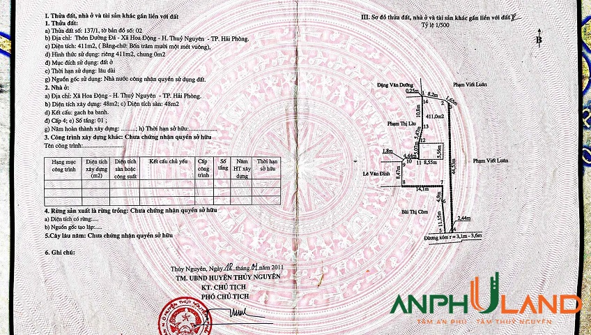 Cần bán lô đất 411 m2 thôn Đường Đá, Hoa Động, Thủy Nguyên, Hải Phòng