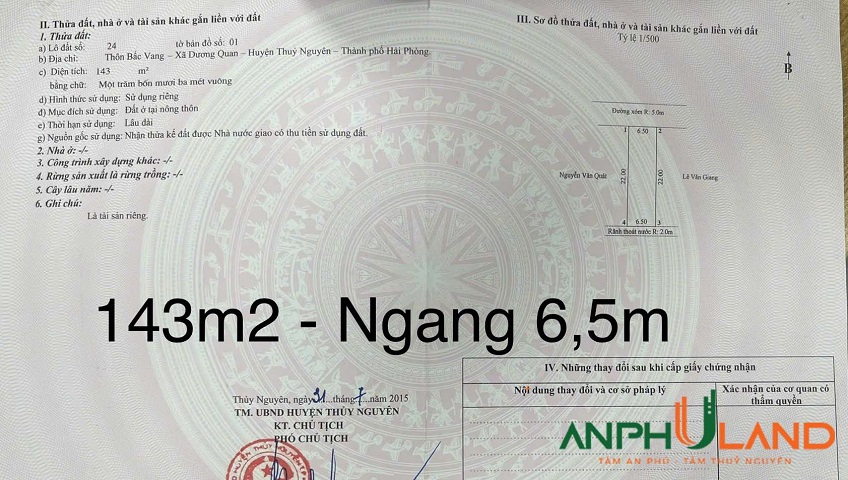 Cần bán lô đất 143m2, thôn Bấc Vang, Dương Quan, Thủy Nguyên, Hải Phòng