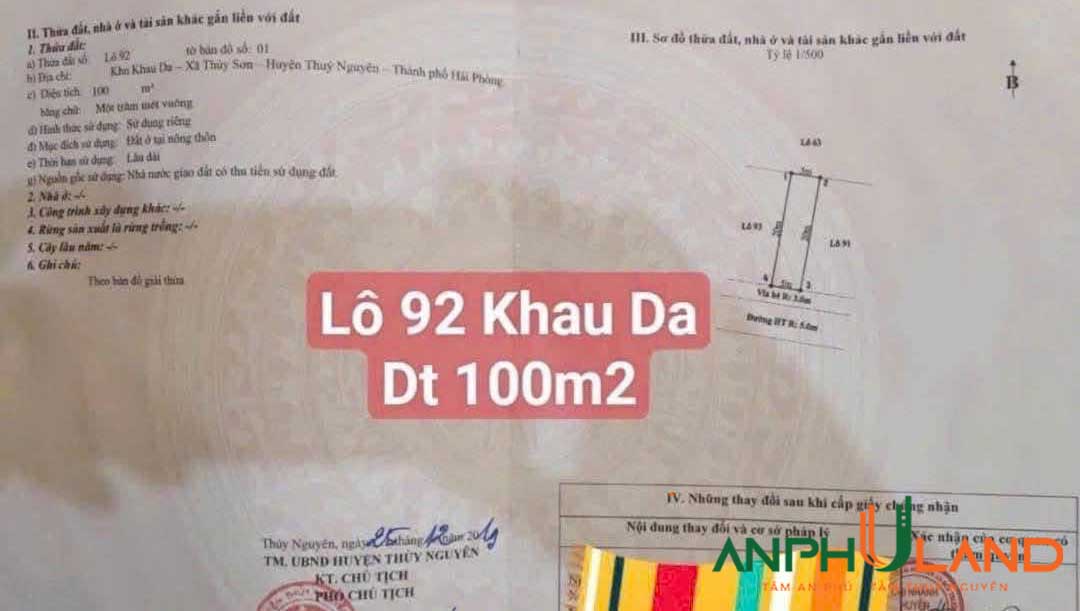 Chính chủ gửi bán lô đất tại khu phân lô đấu giá Khau Da, Thuỷ Sơn. Thủy Nguyên, Hải Phòng 