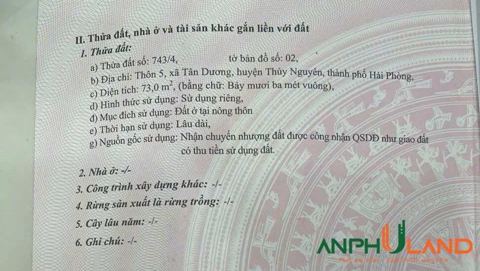 Cần bán lô đất đẹp tại thôn 5 xã Tân Dương, huyện Thủy Nguyên, Hải Phòng