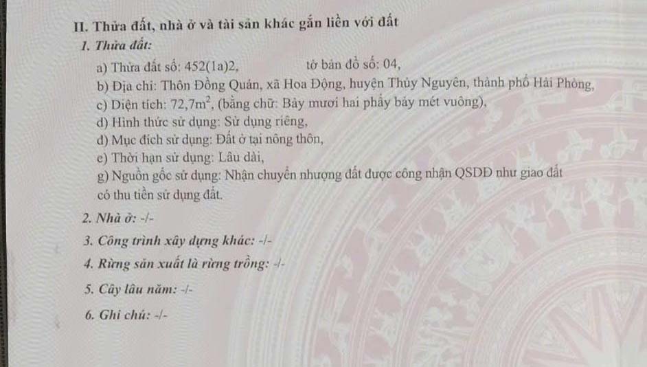 Cần bán lô đất Đồng Quán, Hoa Động, Thuỷ Nguyên, Hải Phòng 