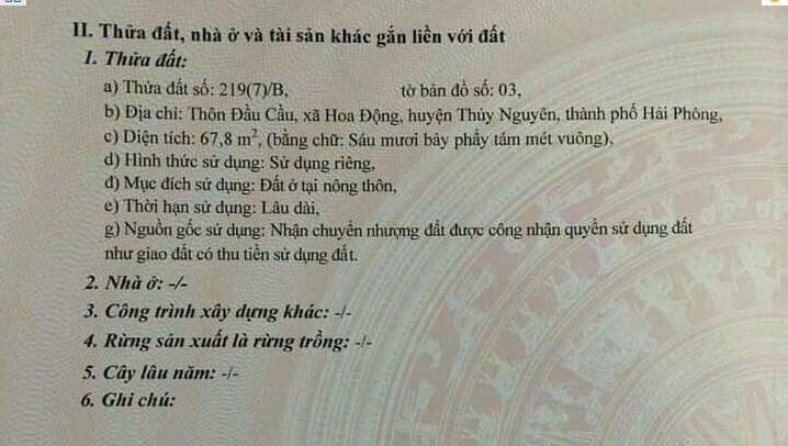 Bán lô đất thôn Đầu Cầu, Hoa Động, Thuỷ Nguyên, Hải Phòng 