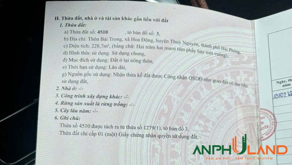 Bán siêu phẩm mặt đường thôn Bái Trong, Hoa Động, Thuỷ Nguyên, Hải Phòng 