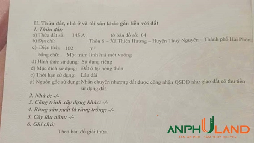 Chuyển nhượng lô đất mặt đường thôn 6, Thiên Hương, Thủy Nguyên, Hải Phòng