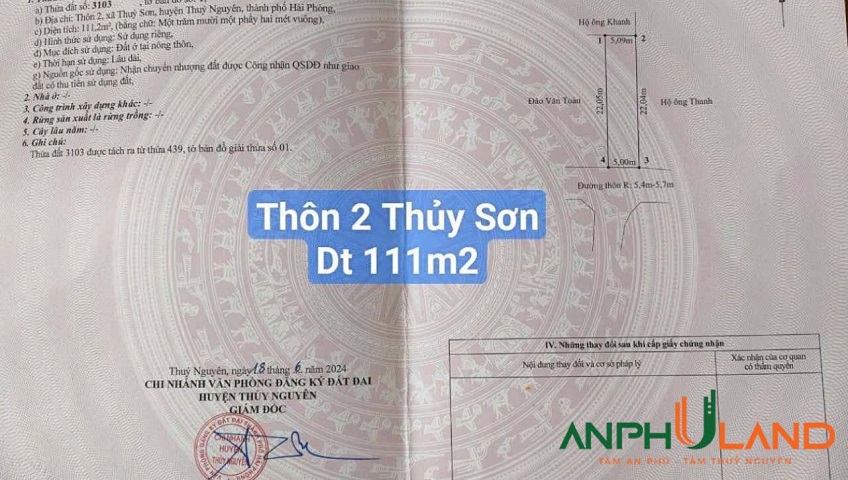 Cần bán duy nhất lô đất tại phường Thủy Đường, TP Thủy Nguyên, Hải Phòng