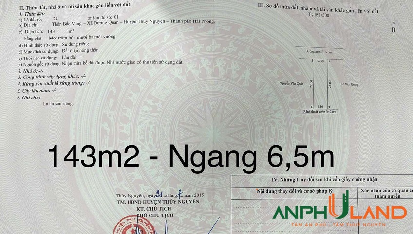 Cần bán lô đất TDP Bấc Vang, Phường Dương Quan, TP Thủy Nguyên, Hải Phòng