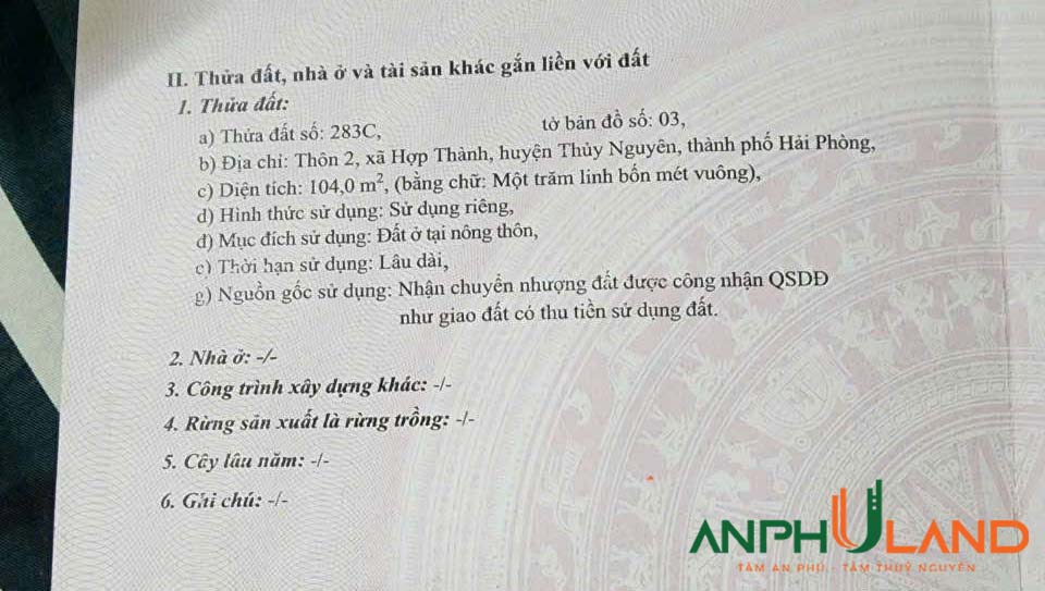 Bán lô đất đẹp không tì vết tại xã Quang Trung (xã Hợp Thành), TP Thuỷ Nguyên, Hải Phòng