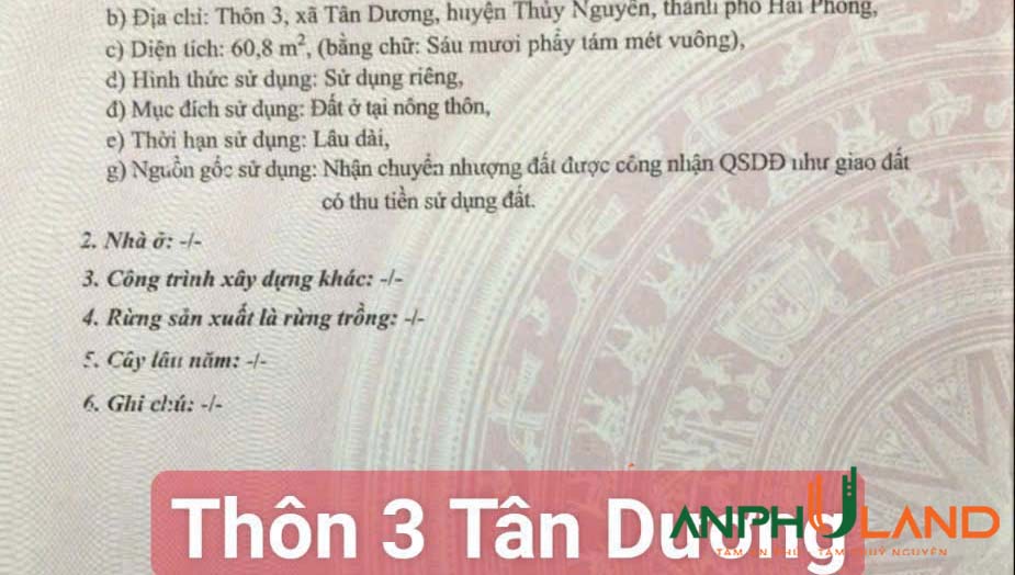 Cần bán lô đất đẹpTDP 3, Phường Dương Quan (xã Tân Dương), TP Thủy Nguyên, Hải Phòng