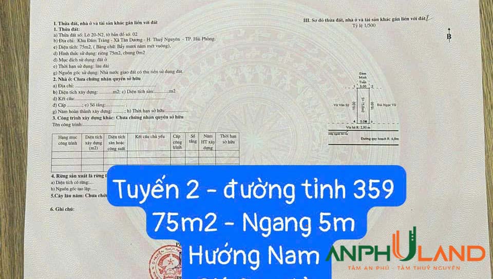 Bán lô đất đẹp tuyến 2 TL359 phường Dương Quan (xã Tân Dương), TP Thuỷ Nguyên, Hải Phòng