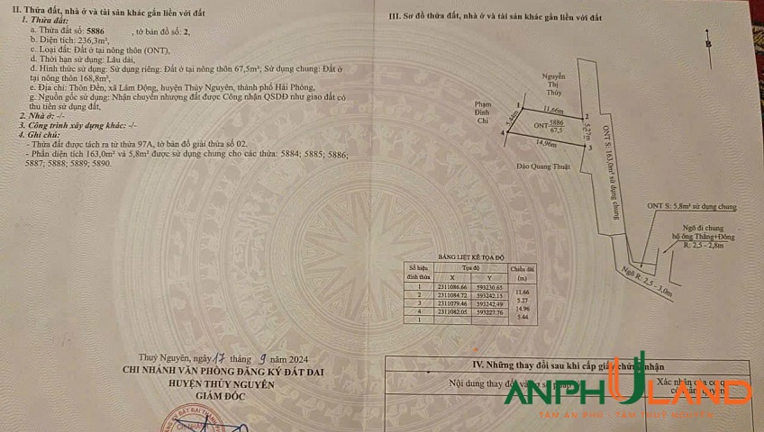 Cần bán duy nhất một lô tại TDP Đền, Phường Hoàng Lâm ( xã Lâm Động), TP Thủy Nguyên, Hải Phòng