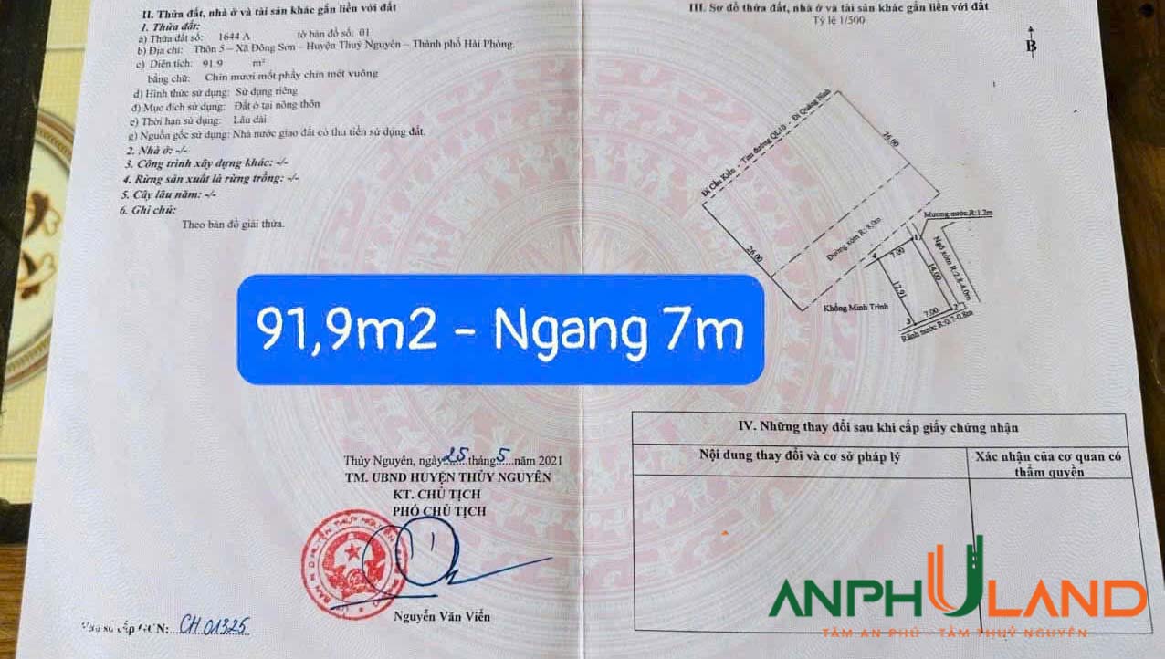 Bán lô đất mặt đường đôi phường Trần Hưng Đạo (xã Đông Sơn), TP Thuỷ Nguyên, Hải Phòng