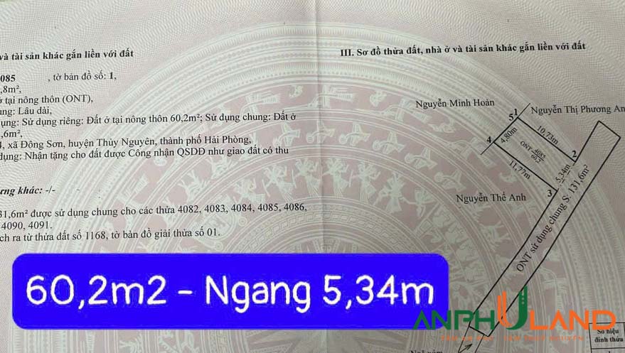 Chào bán lô đất 60.2 m2 tại Phường Trần Hưng Đạo ( Đông Sơn), TP Thủy Nguyên