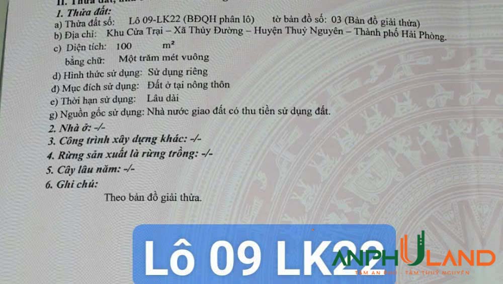 Bán siêu phẩm tuyến 2 khu đấu giá Cửa Trại, phường Thuỷ Đường, TP Thuỷ Nguyên, Hải Phòng