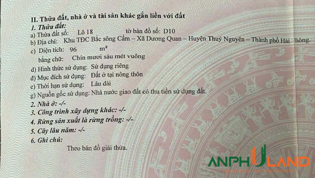 Bán lô đất xẻ khe TĐC khu D - Bắc Sông Cấm, phường Dương Quan, TP Thuỷ Nguyên, Hải Phòng