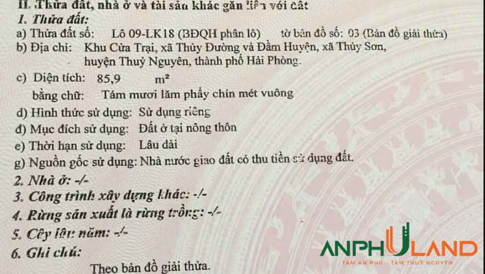 Cần bán 85,9 m2 khu đấu giá Cửa Trại, phường Thuỷ Đường, TP Thủy Nguyên, Hải Phòng