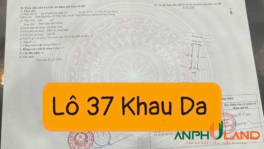 Cần bán duy nhất 1 lô 37 dự án Khau Da, Phường Thủy Đường, TP Thủy Nguyên, Hải Phòng
