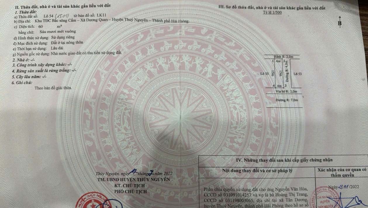 Bán lô đất xẻ khe tại TĐC Áp Tràn – Bắc Sông Cấm GĐ2, TP Thuỷ Nguyên, Hải Phòng
