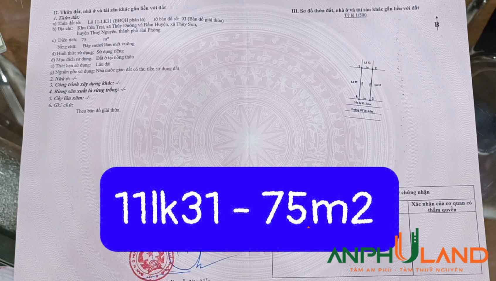 Cần bán đất lô 11 Lk 31 khu đấu giá Cửa Trại, Phường Thủy Đường, TP Thủy Nguyên, Hải Phòng
