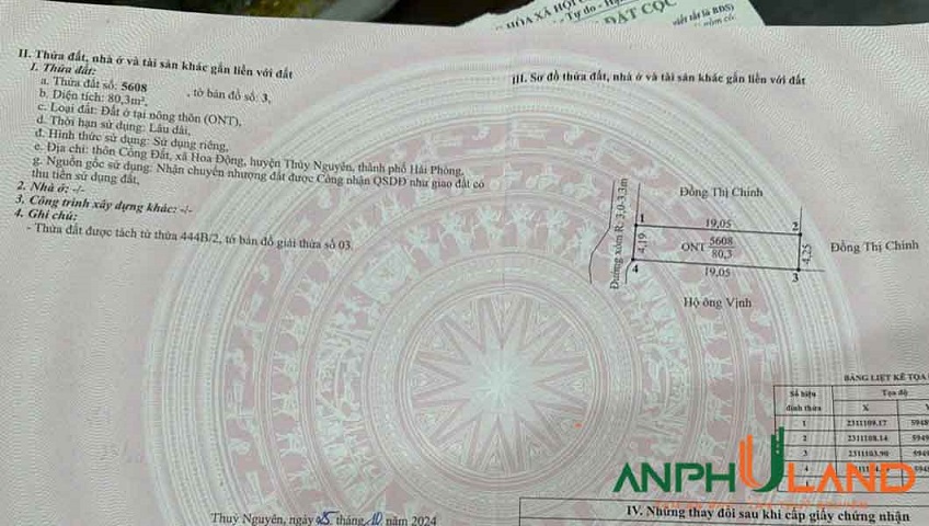 Cần bán lô đất TDP Cổng Đất, Phường Hoa Động, TP Thủy Nguyên, Hải Phòng