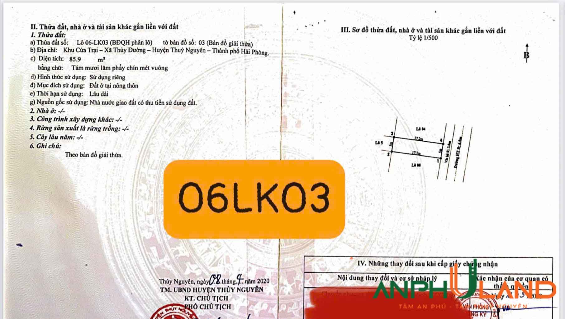 Cần bán duy nhất một lô đất hướng Đông, khu dự án Cửa Trại, Phường Thủy Đường, TP Thủy Nguyên