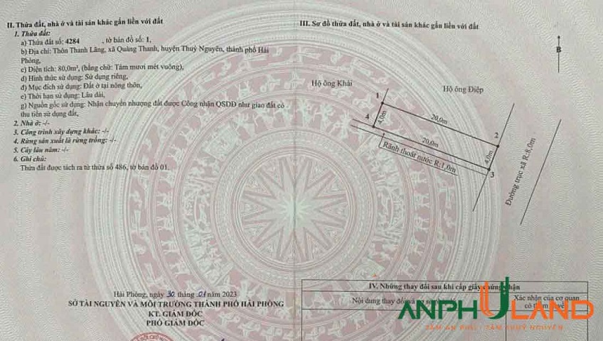 Cần bán 80 m2 đất mặt đường TDP Thanh Lãng, Phường Quảng Thanh, TP Thủy Nguyên, Hải Phòng