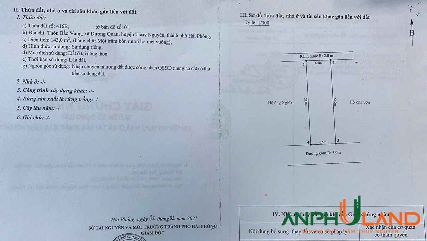 Cần bán lô đất trung tâm TDP Bấc Vang, Phường Dương Quan, TP Thủy Nguyên, Hải Phòng