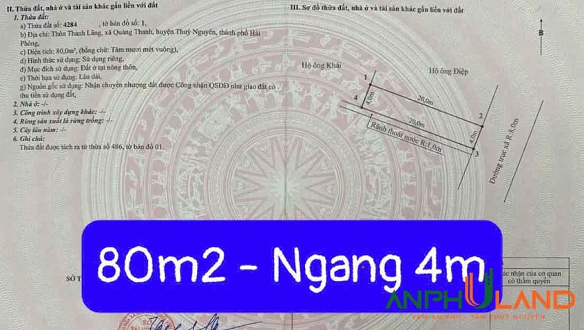 Chào bán 80m2 mặt đường Thanh Lãng, Phường Quảng Thanh, TP Thủy Nguyên, Hải Phòng