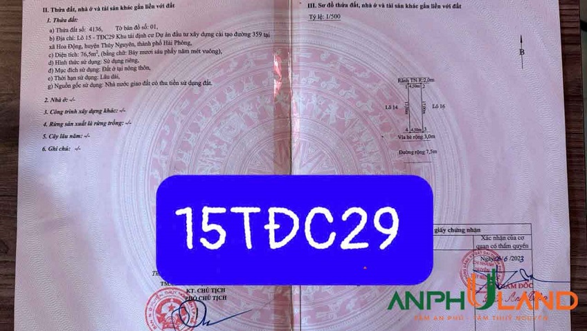 Còn duy nhất một lô 76,5m tại TĐC Hoa Động, TP Thủy Nguyên, Hải Phòng