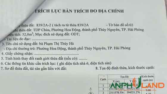Cần bán lô F0 mặt tiền 6m, phường Hoa Động, TP Thủy Nguyên, Hải Phòng