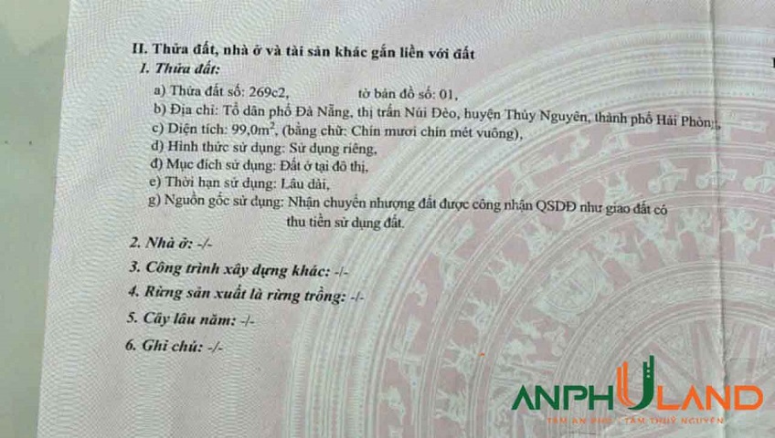 Cần bán lô đất 99 m2 tại TDP Đà Nẵng, Phường Thủy Đường ( Núi Đèo) , TP Thủy Nguyên